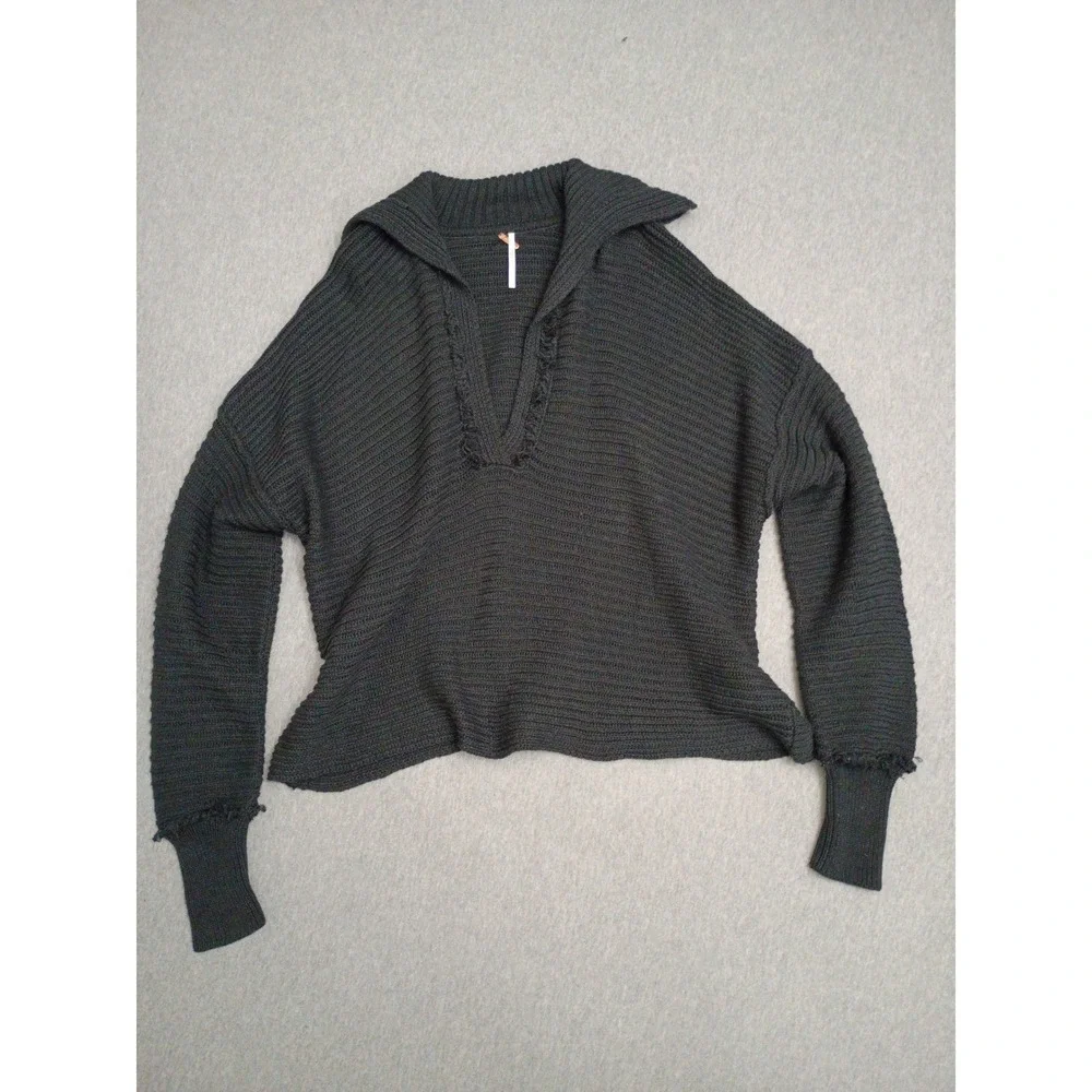 Free People Marlie Deep V Fringe Hooded Pullover Sweater Grey Black OB1332205 S